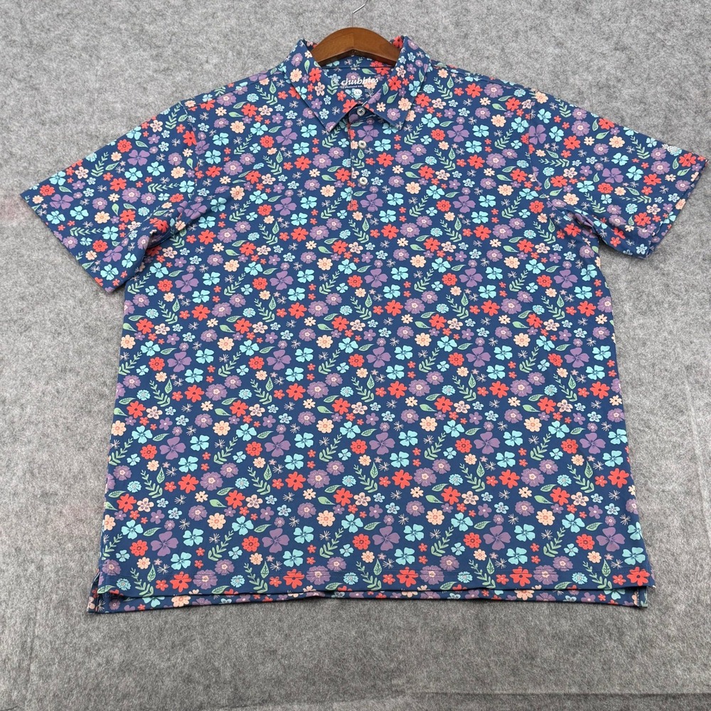 Chubbies Mens XL Performance Polo Shirt Navy Blue Floral Stretch Golf Top